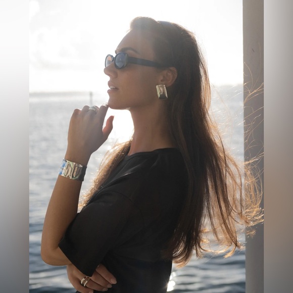 Silver Rectangular Earrings*Cait Earrings*High Gloss Finish*Old Money Statement - Picture 5 of 6